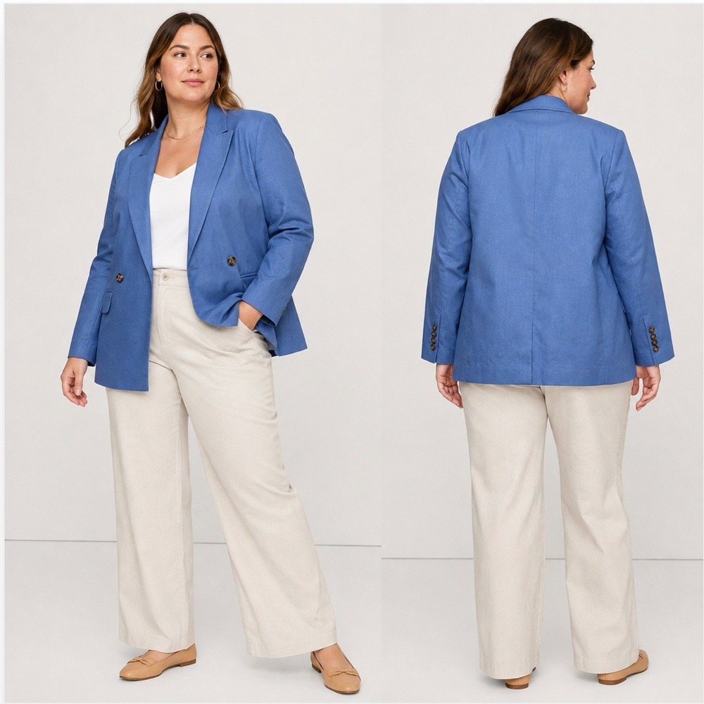 Banana Republic Boyfriend Blazer 14 Blue Linen Blend Double Breasted Jacket